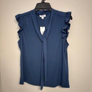 Calvin Klein Blue Tie Front Ruffle Sleeve Blouse Medium